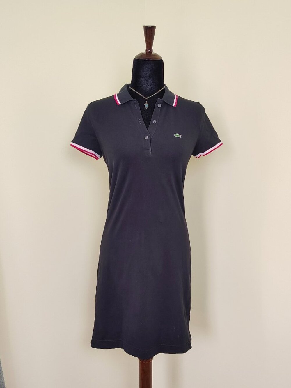 Black LACOSTE Red & White Twin Tipped Short Sleeve Knit Cotton Polo Dress - 38